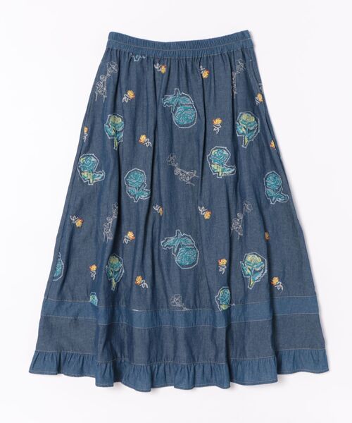 SUPER HAKKA（スーパーハッカ）の「ライトオンスデニム　ローズスケッチ刺繍スカート（裏地無し）（スカート・レディース・ブルー/ネイビー・FREE）」の4枚目の写真