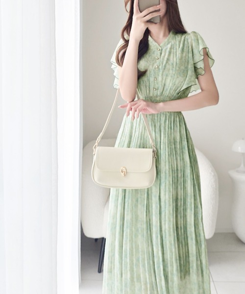 mily bilet(ミウィビレット)の「【mily bilet】水彩調の花柄が目を惹く、大人の袖フリルプリーツワンピース(半袖)(ワンピース・レディース・ラベンダー/グリーン/ピンク・LARGE/X-LARGE/MEDIUM/SMALL)」の15枚目の写真