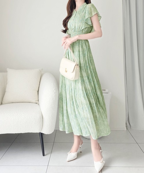 mily bilet(ミウィビレット)の「【mily bilet】水彩調の花柄が目を惹く、大人の袖フリルプリーツワンピース(半袖)(ワンピース・レディース・ラベンダー/グリーン/ピンク・LARGE/X-LARGE/MEDIUM/SMALL)」の14枚目の写真