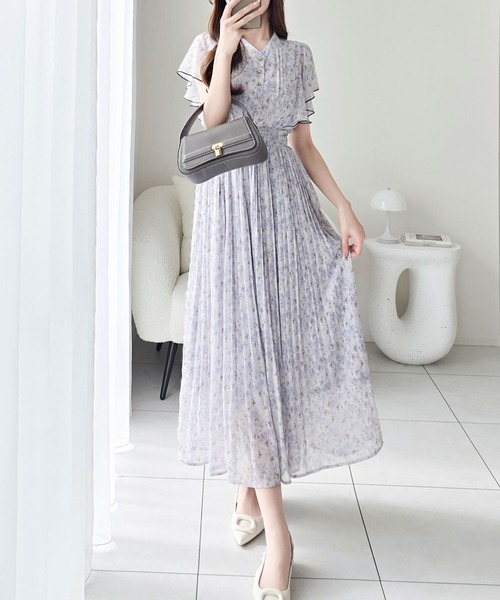 mily bilet(ミウィビレット)の「【mily bilet】水彩調の花柄が目を惹く、大人の袖フリルプリーツワンピース(半袖)(ワンピース・レディース・ラベンダー/グリーン/ピンク・LARGE/X-LARGE/MEDIUM/SMALL)」の16枚目の写真