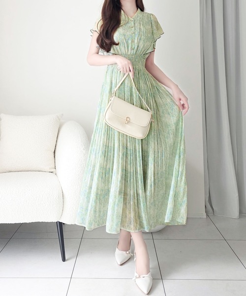 mily bilet(ミウィビレット)の「【mily bilet】水彩調の花柄が目を惹く、大人の袖フリルプリーツワンピース(半袖)(ワンピース・レディース・ラベンダー/グリーン/ピンク・LARGE/X-LARGE/MEDIUM/SMALL)」の8枚目の写真