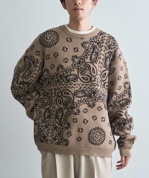 CRAFT STANDARD BOUTIQUE（クラフトスタンダードブティック）の「ペイズリー柄ニットプルオーバー（ニット/セーター・メンズ・グレイッシュベージュ/アイボリー/ブラック・M/L/XL）」の3枚目の写真