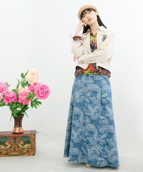 チャイハネ（チャイハネ）の「【チャイハネ】段通ペイズリー柄デニムロングスカート（デニムスカート・レディース・ネイビー/ライトブルー・FREE）」の5枚目の写真