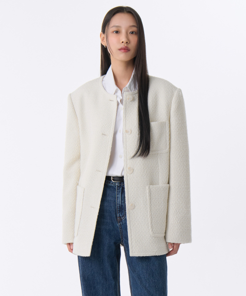 MUSINSA STANDARD WOMAN（ムシンサスタンダードウーマン）の「ウィメンズラウンドネックツイードハーフジャケット[クリーム]（テーラードジャケット・レディース・その他・LARGE/MEDIUM/SMALL/X-SMALL）」の3枚目の写真