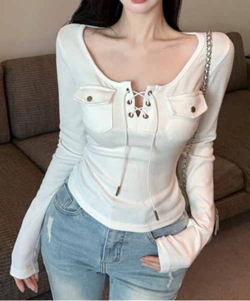 ViViDAY（ビビデー）の「フロントストラップリボン＆ポケットデザイン長袖カットソー（Tシャツ/カットソー・レディース・ホワイト/ダークグレー/ベージュ・M）」の14枚目の写真