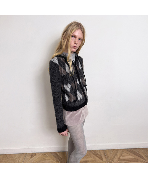 DIAGONAL(ダイアゴナル)の「HEART ARGYLE JACQUARD HOOD ZIP UP (black)(カーディガン/ボレロ・レディース・その他・FREE)」の1枚目の写真