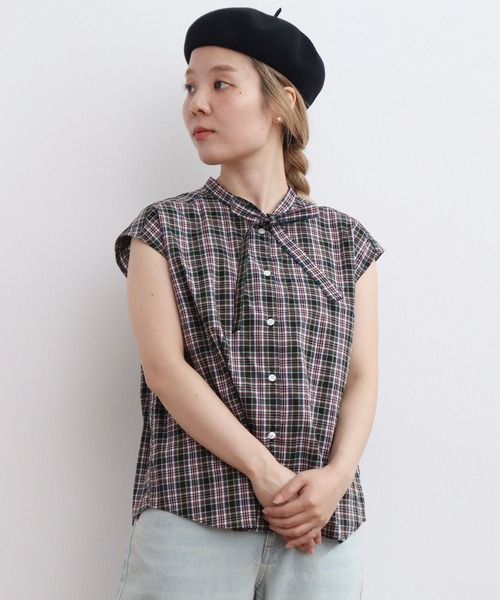CHILD WOMAN(チャイルドウーマン)の「LIBERTY/リバティ タータンチェック 細ボウタイフレンチスリーブブラウス(シャツ/ブラウス・レディース・ネイビー/グリーン・FREE)」の2枚目の写真