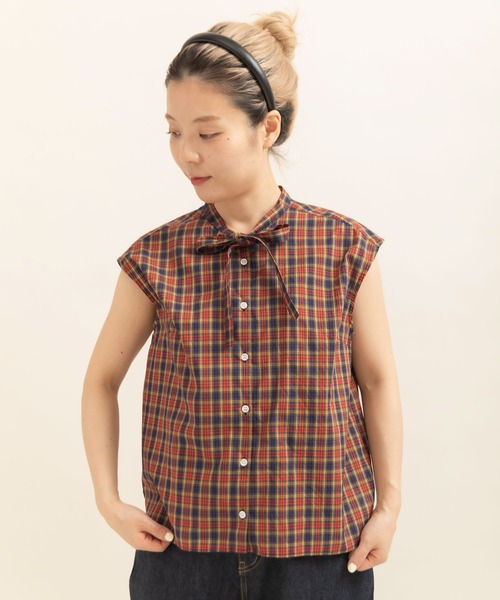 CHILD WOMAN(チャイルドウーマン)の「LIBERTY/リバティ タータンチェック 細ボウタイフレンチスリーブブラウス(シャツ/ブラウス・レディース・ネイビー/グリーン・FREE)」の4枚目の写真