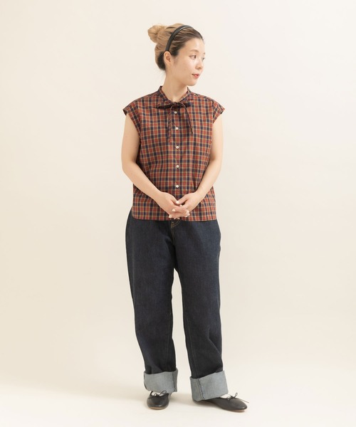 CHILD WOMAN(チャイルドウーマン)の「LIBERTY/リバティ タータンチェック 細ボウタイフレンチスリーブブラウス(シャツ/ブラウス・レディース・ネイビー/グリーン・FREE)」の7枚目の写真
