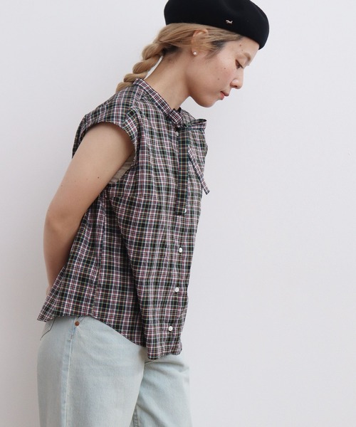 CHILD WOMAN(チャイルドウーマン)の「LIBERTY/リバティ タータンチェック 細ボウタイフレンチスリーブブラウス(シャツ/ブラウス・レディース・ネイビー/グリーン・FREE)」の21枚目の写真