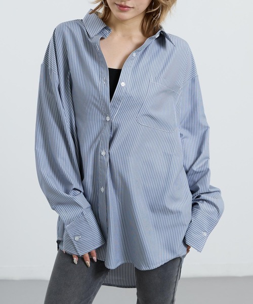 ANAP(アナップ)の「2way ストライプ オーバーサイズ シャツ(シャツ/ブラウス・レディース・クリア/ネイビー・F)」の1枚目の写真