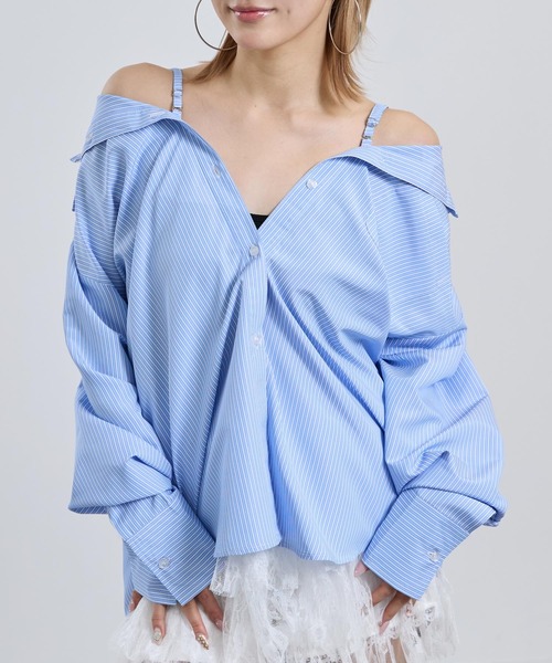 ANAP(アナップ)の「2way ストライプ オーバーサイズ シャツ(シャツ/ブラウス・レディース・クリア/ネイビー・F)」の2枚目の写真