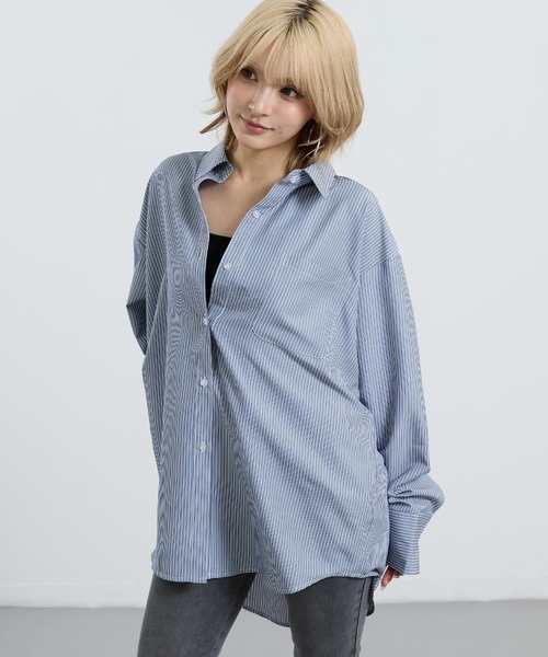 ANAP(アナップ)の「2way ストライプ オーバーサイズ シャツ(シャツ/ブラウス・レディース・クリア/ネイビー・F)」の4枚目の写真