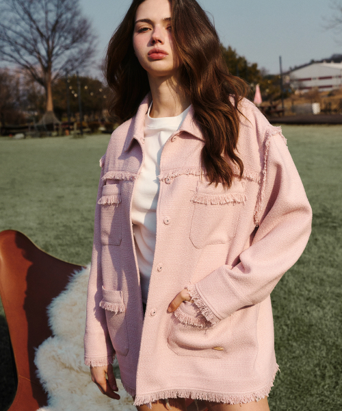 セール】Overfit Fringe Tweed Shirt Jacket Pink（テーラード 