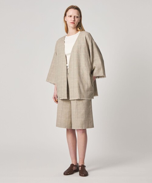 Steven Alan＞チェック カシュクール シャツジャケット（ノーカラー