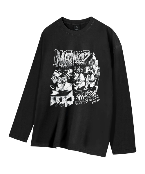 MOZMOZ（モズモズ）の「出勤ニャン グラフィック ピグメント ロングスリーブ ブラック（Tシャツ/カットソー・レディース・その他・1/2/3）」の2枚目の写真