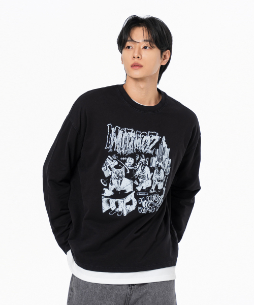 MOZMOZ（モズモズ）の「出勤ニャン グラフィック ピグメント ロングスリーブ ブラック（Tシャツ/カットソー・レディース・その他・1/2/3）」の3枚目の写真