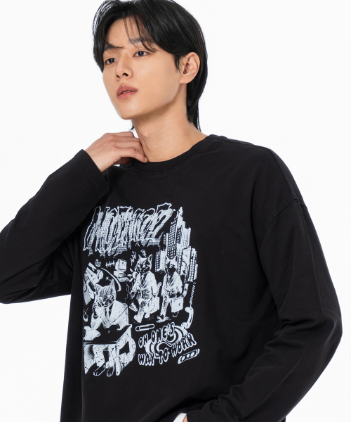 MOZMOZ（モズモズ）の「出勤ニャン グラフィック ピグメント ロングスリーブ ブラック（Tシャツ/カットソー・レディース・その他・1/2/3）」の4枚目の写真