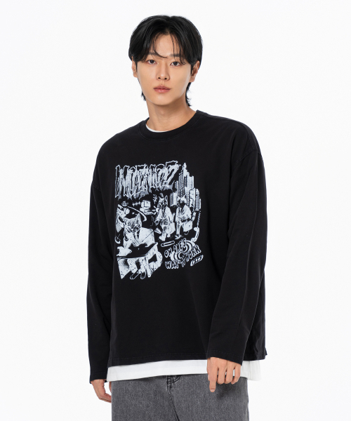 MOZMOZ（モズモズ）の「出勤ニャン グラフィック ピグメント ロングスリーブ ブラック（Tシャツ/カットソー・レディース・その他・1/2/3）」の5枚目の写真