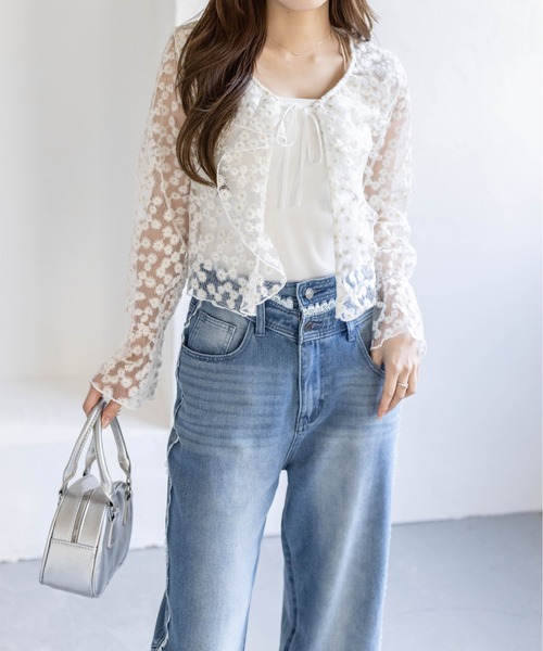 clear（クリア）の「フラワーレースカーディガン［骨格ウェーブ/シアー/刺繍/リボン］（カーディガン/ボレロ・レディース・オフホワイト・F）」の19枚目の写真