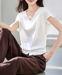 Vネック フレンチスリーブ フロントボタン スリット 半袖 Tシャツ