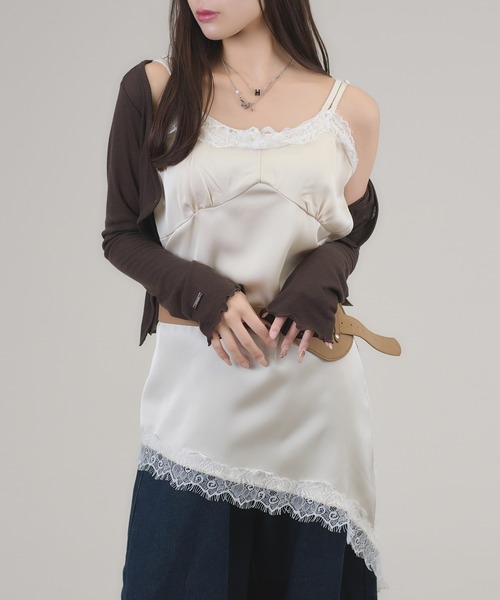 apres jour mignon(アプレジュールミニョン)の「アシメレースレイヤードキャミチュニック(キャミソール・レディース・ブラウン系その他/アイボリー/ベージュ系その他・LARGE/フリー)」の1枚目の写真