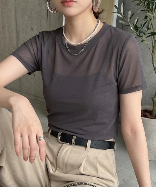 Rejoule(リジュール)の「半袖チュール メッシュシアートップス(Tシャツ/カットソー・レディース・ホワイト/ブラック/チャコールグレー/アイボリー/ブラウン/モカ・FREE)」の4枚目の写真