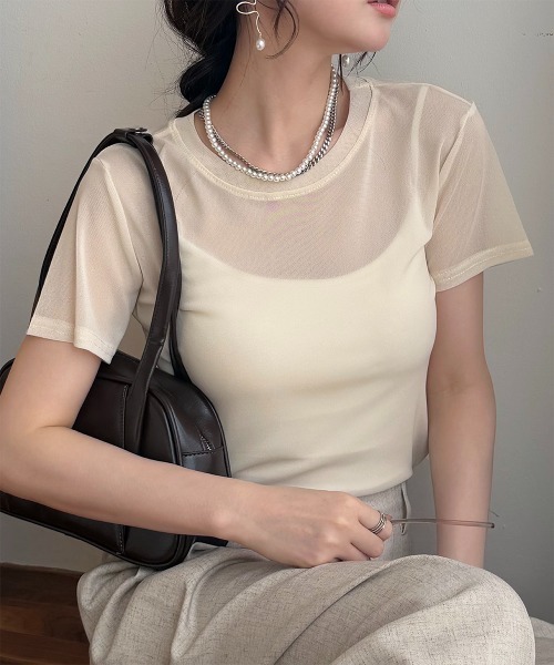 セール】半袖チュール メッシュシアートップス（Tシャツ/カットソー