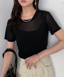 半袖チュール メッシュシアートップス