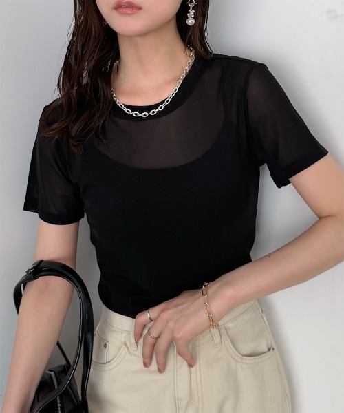 セール】半袖チュール メッシュシアートップス（Tシャツ/カットソー