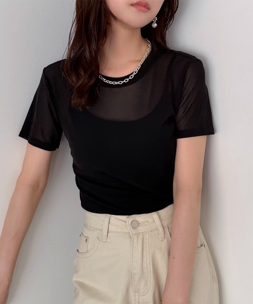 Rejoule(リジュール)の「半袖チュール メッシュシアートップス(Tシャツ/カットソー・レディース・ホワイト/ブラック/チャコールグレー/アイボリー/ブラウン/モカ・FREE)」の13枚目の写真