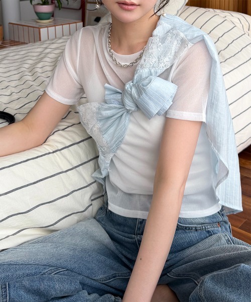 Rejoule(リジュール)の「半袖チュール メッシュシアートップス(Tシャツ/カットソー・レディース・ホワイト/ブラック/チャコールグレー/アイボリー/ブラウン/モカ・FREE)」の8枚目の写真
