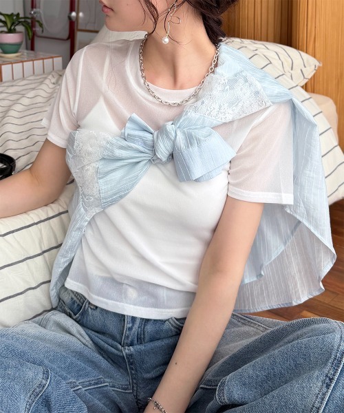 Rejoule(リジュール)の「半袖チュール メッシュシアートップス(Tシャツ/カットソー・レディース・ホワイト/ブラック/チャコールグレー/アイボリー/ブラウン/モカ・FREE)」の7枚目の写真