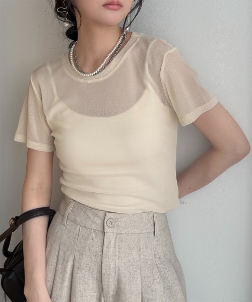 Rejoule(リジュール)の「半袖チュール メッシュシアートップス(Tシャツ/カットソー・レディース・ホワイト/ブラック/チャコールグレー/アイボリー/ブラウン/モカ・FREE)」の9枚目の写真