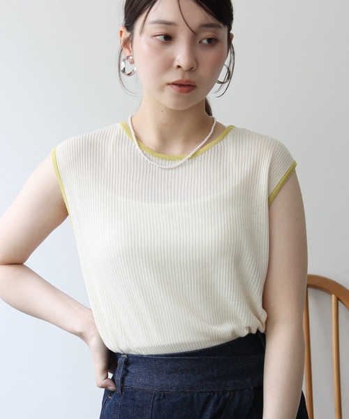 Meli rich（メリーリッチ）の「麻タッチ配色ノースリーブプルオーバー（Tシャツ/カットソー・レディース・グレー/チャコールグレー/アイボリー・FREE）」の4枚目の写真