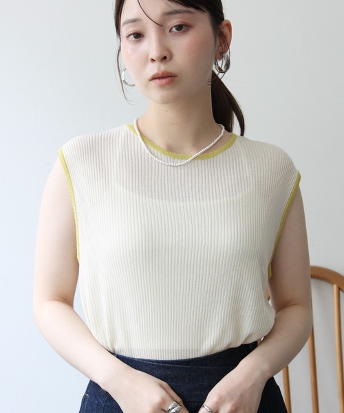 Meli rich（メリーリッチ）の「麻タッチ配色ノースリーブプルオーバー（Tシャツ/カットソー・レディース・グレー/チャコールグレー/アイボリー・FREE）」の5枚目の写真