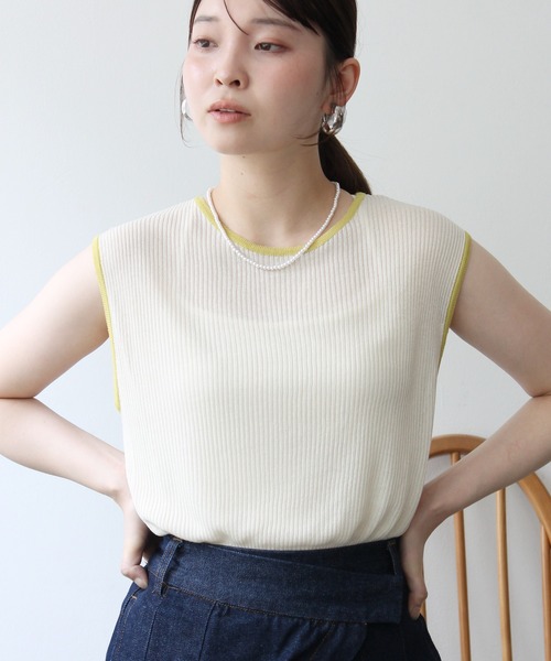 Meli rich（メリーリッチ）の「麻タッチ配色ノースリーブプルオーバー（Tシャツ/カットソー・レディース・グレー/チャコールグレー/アイボリー・FREE）」の7枚目の写真