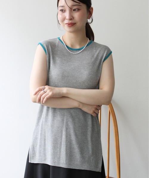 Meli rich（メリーリッチ）の「麻タッチ配色ノースリーブプルオーバー（Tシャツ/カットソー・レディース・グレー/チャコールグレー/アイボリー・FREE）」の10枚目の写真