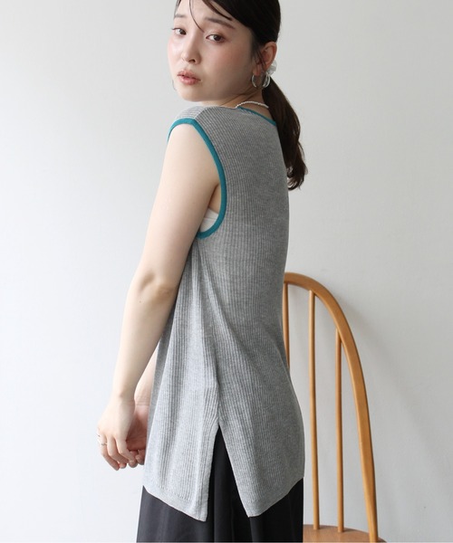Meli rich（メリーリッチ）の「麻タッチ配色ノースリーブプルオーバー（Tシャツ/カットソー・レディース・グレー/チャコールグレー/アイボリー・FREE）」の12枚目の写真