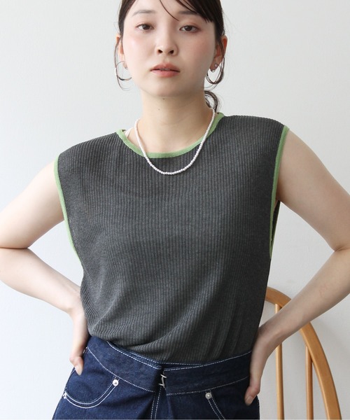Meli rich（メリーリッチ）の「麻タッチ配色ノースリーブプルオーバー（Tシャツ/カットソー・レディース・グレー/チャコールグレー/アイボリー・FREE）」の17枚目の写真