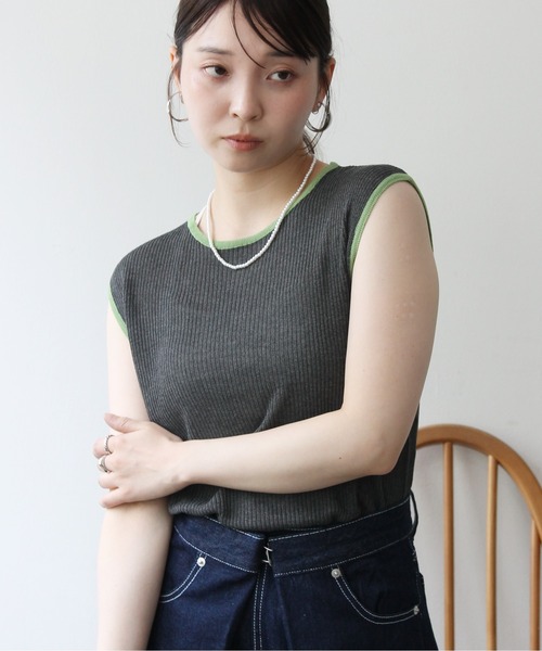Meli rich（メリーリッチ）の「麻タッチ配色ノースリーブプルオーバー（Tシャツ/カットソー・レディース・グレー/チャコールグレー/アイボリー・FREE）」の18枚目の写真