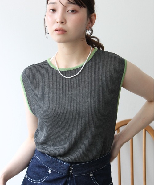 Meli rich（メリーリッチ）の「麻タッチ配色ノースリーブプルオーバー（Tシャツ/カットソー・レディース・グレー/チャコールグレー/アイボリー・FREE）」の19枚目の写真
