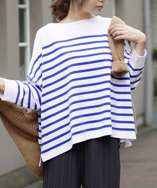 zootie（ズーティー）の「ほぼシミヘン加工 フレンチバスク ワイドプルオーバー［ボーダー＆無地］（Tシャツ/カットソー・レディース・オフホワイト/ネイビー/カーキ/ブラック/ライトブルー/オレンジ/ホワイト×ブルー/ホワイト×グレー/ホワイト×ブラック/ミント/グレー系その他/杢グレー/ライトピンク/ネイビー×ホワイト/ベージュ系その他2/イエロー系その他/ライトイエロー/ブルー系その他/ベージュ系その他・フリー）」の3枚目の写真