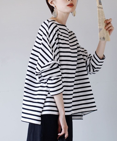 zootie（ズーティー）の「ほぼシミヘン加工 フレンチバスク ワイドプルオーバー［ボーダー＆無地］（Tシャツ/カットソー・レディース・オフホワイト/ネイビー/カーキ/ブラック/ライトブルー/オレンジ/ホワイト×ブルー/ホワイト×グレー/ホワイト×ブラック/ミント/グレー系その他/杢グレー/ライトピンク/ネイビー×ホワイト/ベージュ系その他2/イエロー系その他/ライトイエロー/ブルー系その他/ベージュ系その他・フリー）」の4枚目の写真