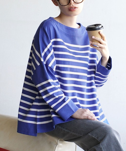 zootie（ズーティー）の「ほぼシミヘン加工 フレンチバスク ワイドプルオーバー［ボーダー＆無地］（Tシャツ/カットソー・レディース・オフホワイト/ネイビー/カーキ/ブラック/ライトブルー/オレンジ/ホワイト×ブルー/ホワイト×グレー/ホワイト×ブラック/ミント/グレー系その他/杢グレー/ライトピンク/ネイビー×ホワイト/ベージュ系その他2/イエロー系その他/ライトイエロー/ブルー系その他/ベージュ系その他・フリー）」の14枚目の写真