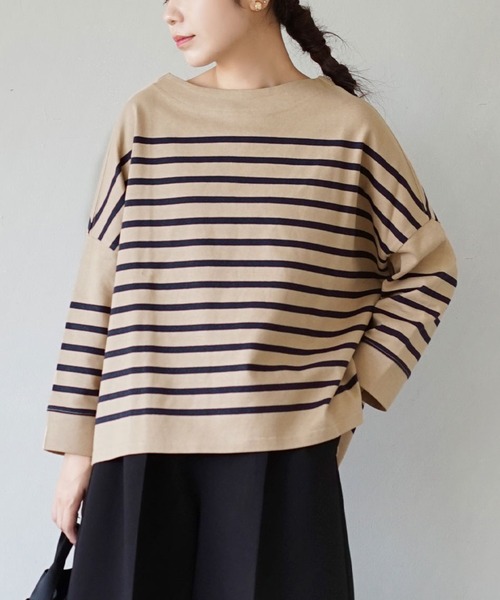 zootie（ズーティー）の「ほぼシミヘン加工 フレンチバスク ワイドプルオーバー［ボーダー＆無地］（Tシャツ/カットソー・レディース・オフホワイト/ネイビー/カーキ/ブラック/ライトブルー/オレンジ/ホワイト×ブルー/ホワイト×グレー/ホワイト×ブラック/ミント/グレー系その他/杢グレー/ライトピンク/ネイビー×ホワイト/ベージュ系その他2/イエロー系その他/ライトイエロー/ブルー系その他/ベージュ系その他・フリー）」の9枚目の写真