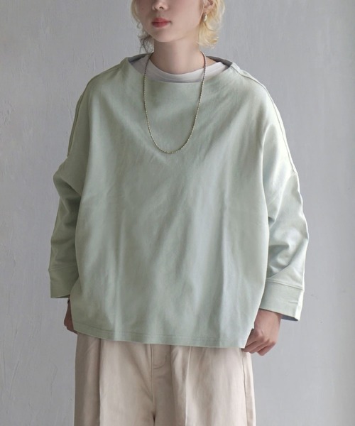 zootie（ズーティー）の「ほぼシミヘン加工 フレンチバスク ワイドプルオーバー［ボーダー＆無地］（Tシャツ/カットソー・レディース・オフホワイト/ネイビー/カーキ/ブラック/ライトブルー/オレンジ/ホワイト×ブルー/ホワイト×グレー/ホワイト×ブラック/ミント/グレー系その他/杢グレー/ライトピンク/ネイビー×ホワイト/ベージュ系その他2/イエロー系その他/ライトイエロー/ブルー系その他/ベージュ系その他・フリー）」の11枚目の写真