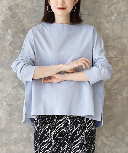 zootie（ズーティー）の「ほぼシミヘン加工 フレンチバスク ワイドプルオーバー［ボーダー＆無地］（Tシャツ/カットソー・レディース・オフホワイト/ネイビー/カーキ/ブラック/ライトブルー/オレンジ/ホワイト×ブルー/ホワイト×グレー/ホワイト×ブラック/ミント/グレー系その他/杢グレー/ライトピンク/ネイビー×ホワイト/ベージュ系その他2/イエロー系その他/ライトイエロー/ブルー系その他/ベージュ系その他・フリー）」の12枚目の写真