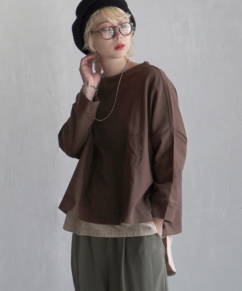 zootie（ズーティー）の「ほぼシミヘン加工 フレンチバスク ワイドプルオーバー［ボーダー＆無地］（Tシャツ/カットソー・レディース・オフホワイト/ネイビー/カーキ/ブラック/ライトブルー/オレンジ/ホワイト×ブルー/ホワイト×グレー/ホワイト×ブラック/ミント/グレー系その他/杢グレー/ライトピンク/ネイビー×ホワイト/ベージュ系その他2/イエロー系その他/ライトイエロー/ブルー系その他/ベージュ系その他・フリー）」の21枚目の写真