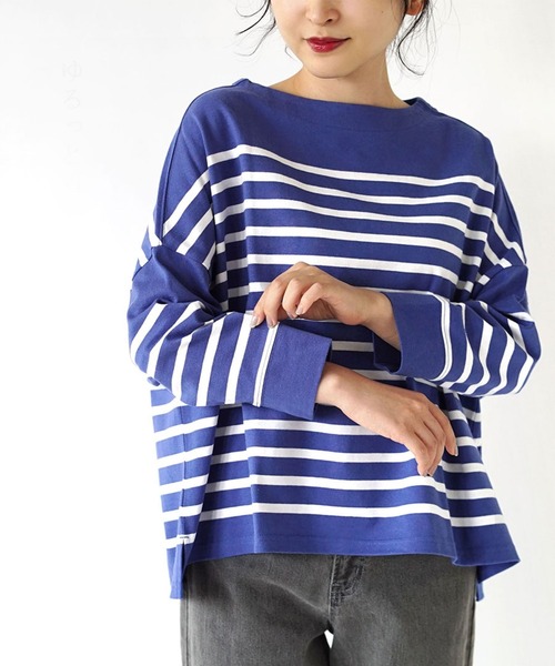 zootie（ズーティー）の「ほぼシミヘン加工 フレンチバスク ワイドプルオーバー［ボーダー＆無地］（Tシャツ/カットソー・レディース・オフホワイト/ネイビー/カーキ/ブラック/ライトブルー/オレンジ/ホワイト×ブルー/ホワイト×グレー/ホワイト×ブラック/ミント/グレー系その他/杢グレー/ライトピンク/ネイビー×ホワイト/ベージュ系その他2/イエロー系その他/ライトイエロー/ブルー系その他/ベージュ系その他・フリー）」の20枚目の写真
